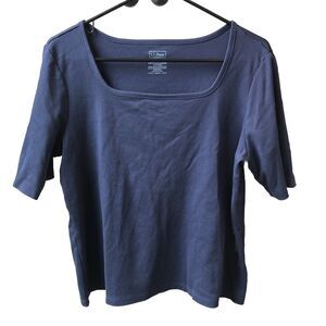 L.L. Bean Shirt Women’s Large Blue Square Neck Elbow Sleeve 100% Pima Cotton Tee